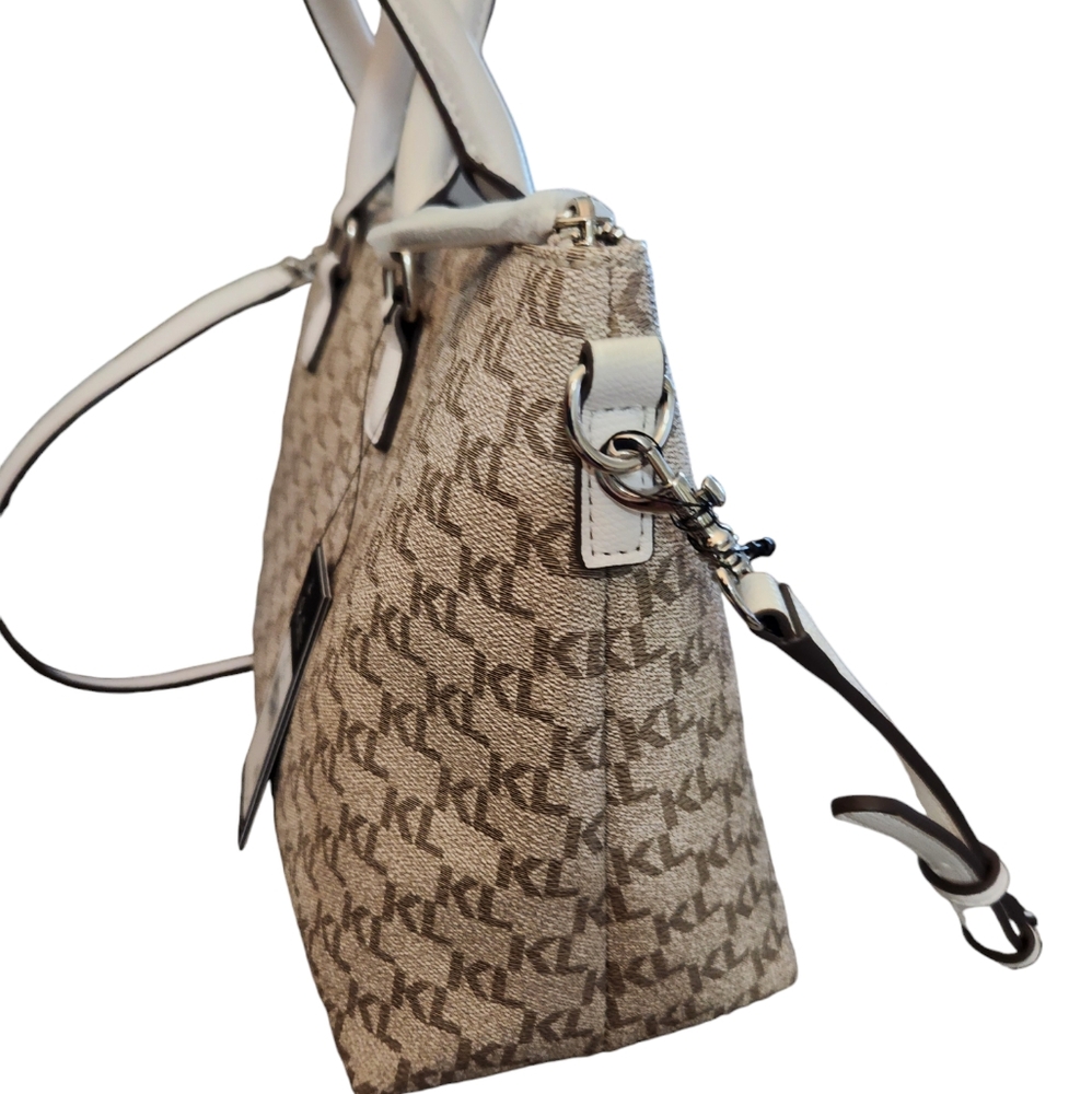 Karl Lagerfeld Leather Beige Monogrammed with White Trim Hand bag Crossbody NWT - Picture 7 of 11